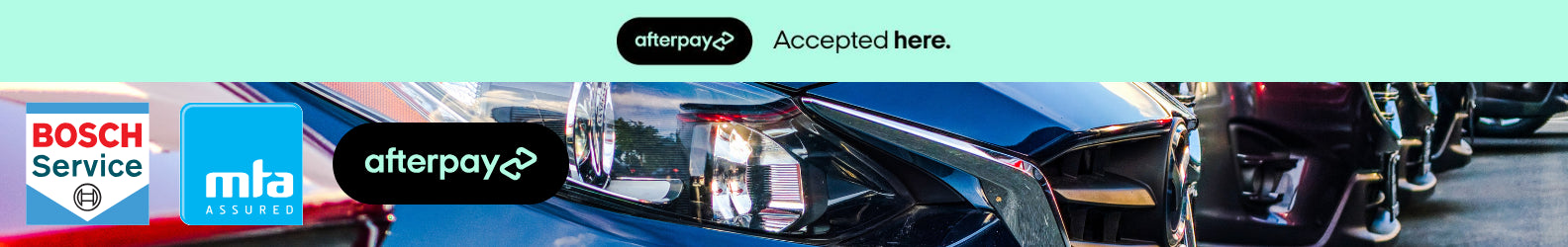 Footer banner showing Avalon Automotive's official associations with MTA, Bosch Car Service, and Afterpay in Hamilton.