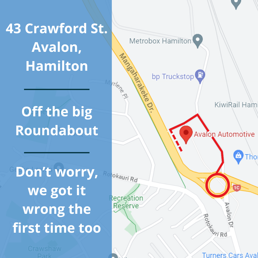 Map showing the location of Avalon Automotive at 43 Crawford Street, Hamilton, near the Avalon Drive roundabout.
